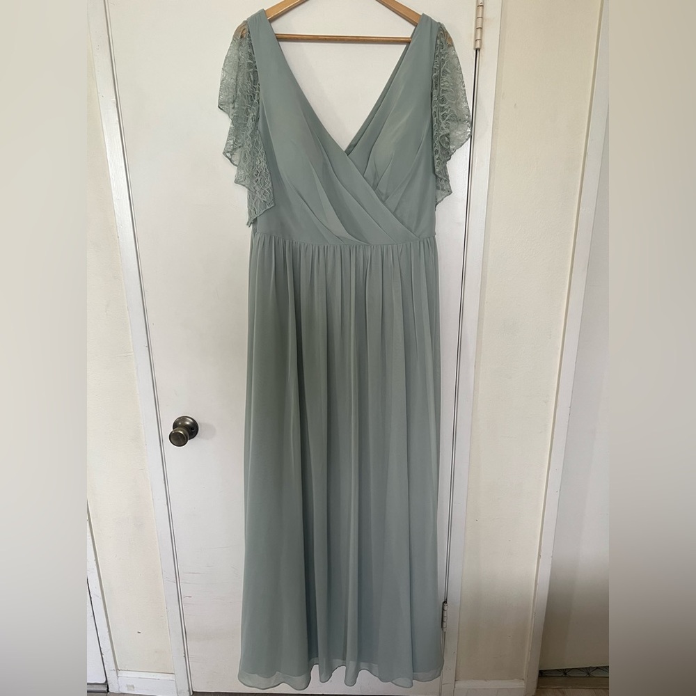 Azazie Lace Sleeve Maxi Dress in Soft Green